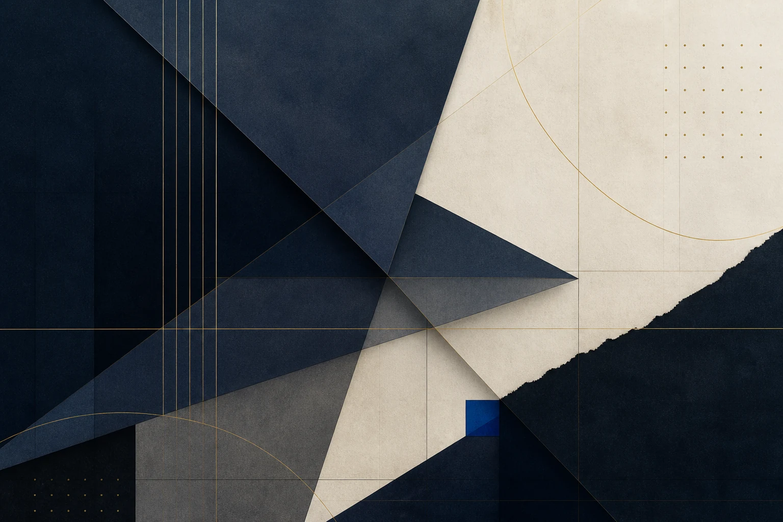 Composición abstracta editorial en tonos navy, papel y líneas doradas